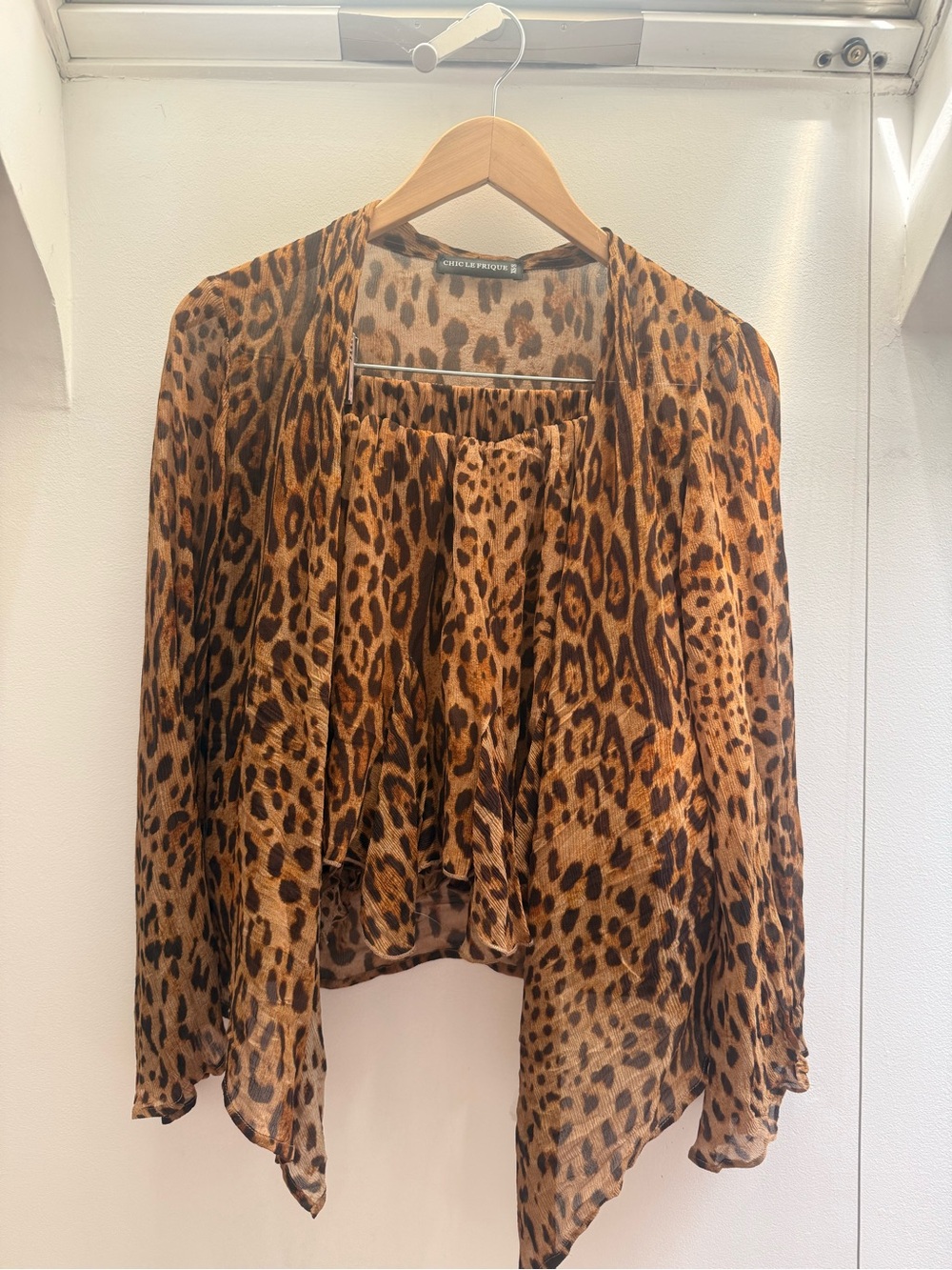 Chic Le Frique Athena set Leopard Print Open Front Blouse and skirt